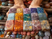 a person holding up different colored stones