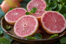 a plate of cut up grapefruits