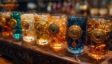 a row of glasses with different colored liquid