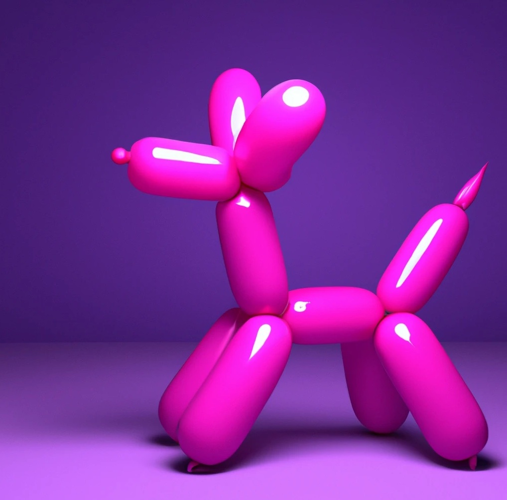 a pink balloon dog on a purple surface