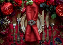 a table setting with flowers and silverware