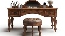 a wooden vanity with a round stool