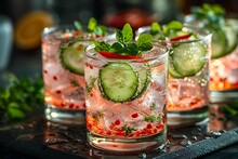 a group of glasses with cucumber and mint