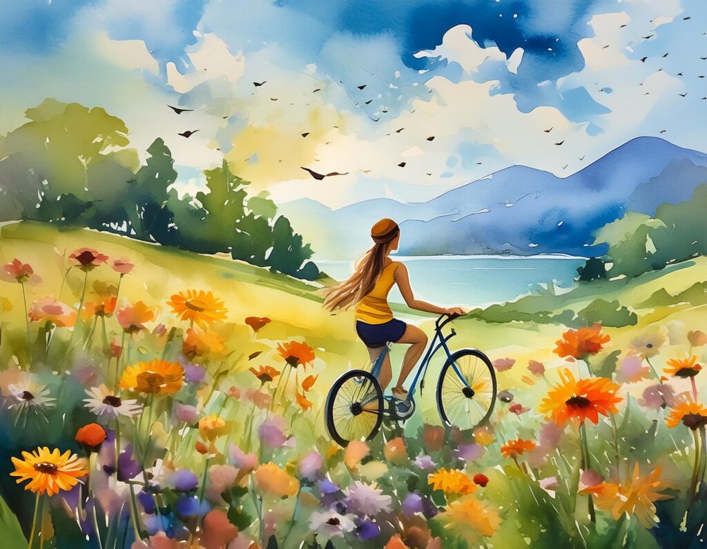 a woman riding a bicycle in a field of flowers