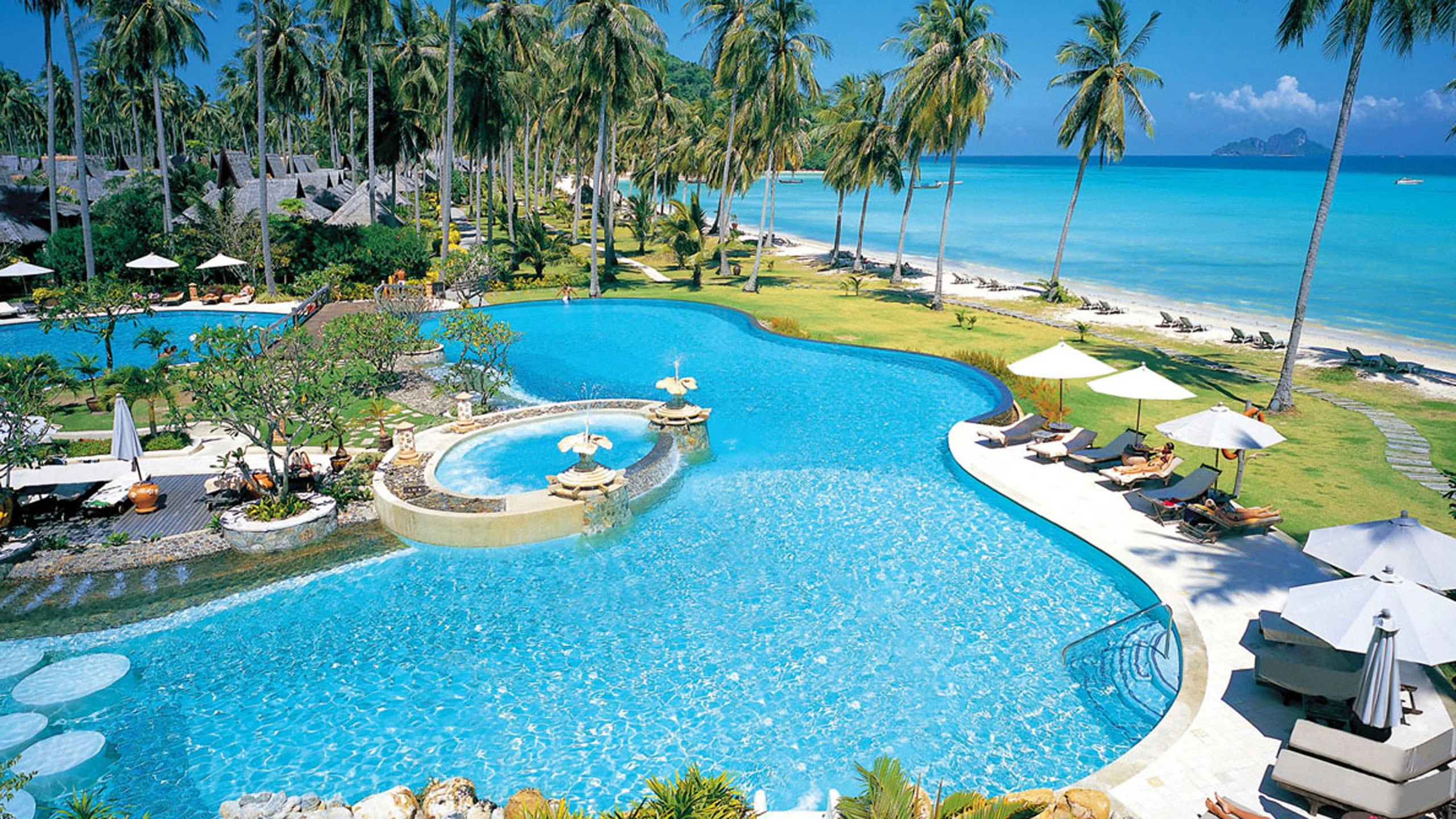 a swimming pool with palm trees and a beach