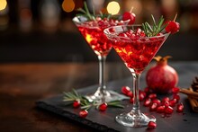 two glasses of red liquid with a rosemary and pomegranate