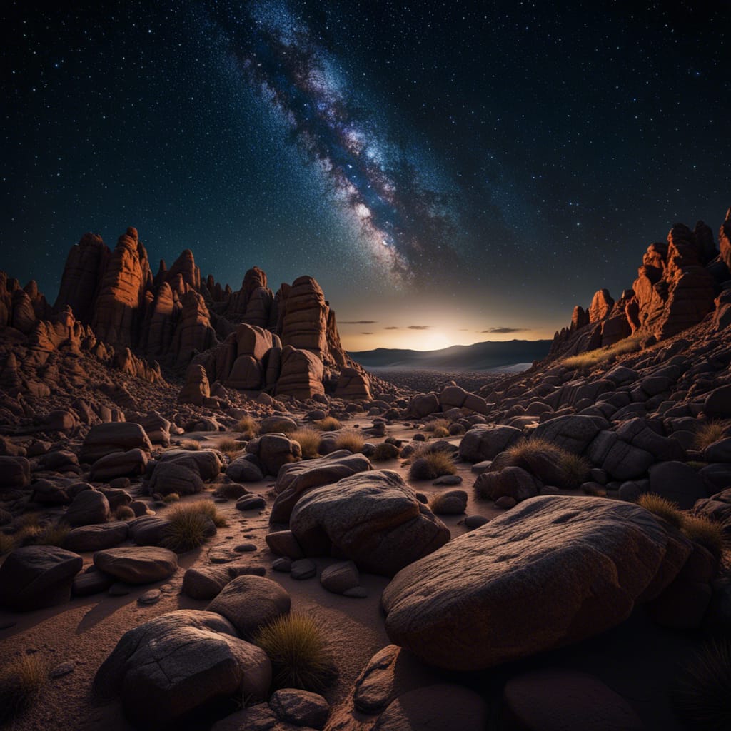 a rocky landscape with a starry sky
