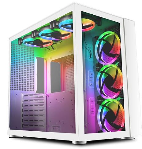 a white computer tower with colorful lights