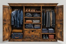 a closet with clothes and shoes