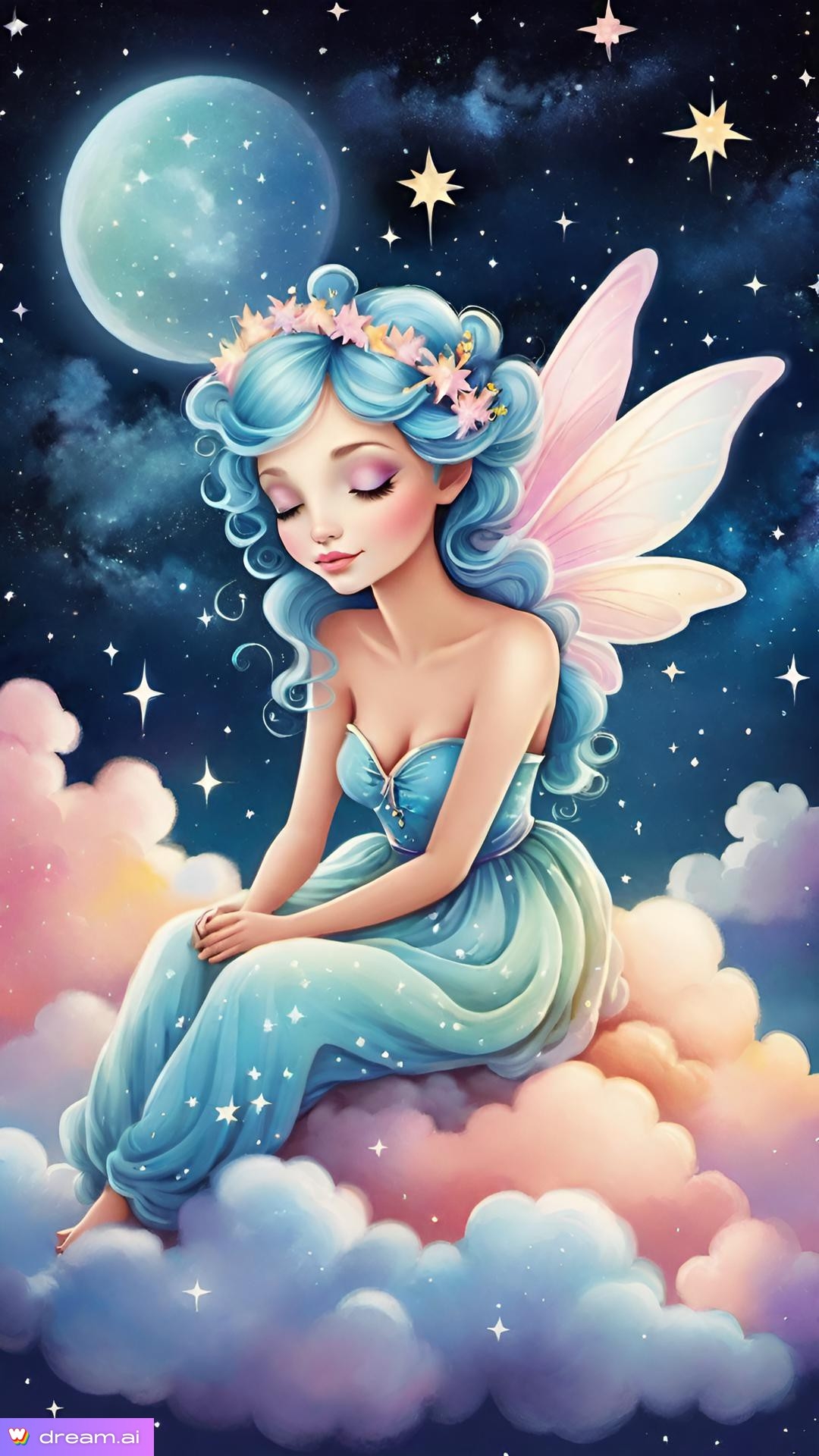 a cartoon of a fairy sitting on a cloud
