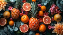 a group of oranges and pineapples