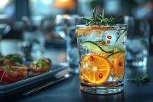 a glass of water with oranges and herbs