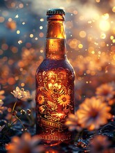 a bottle of alcohol in a field of flowers