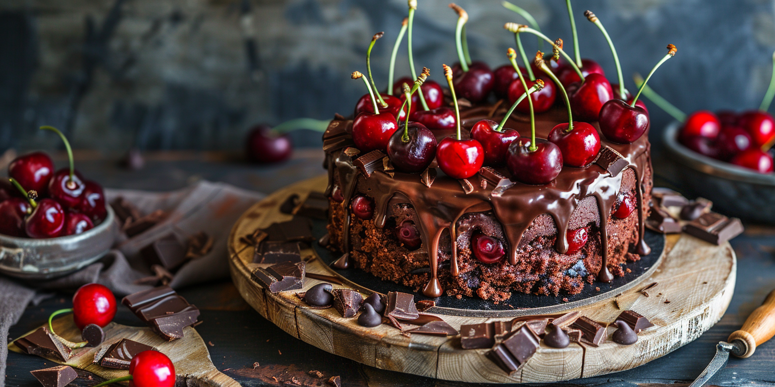 a chocolate cake with cherries on top