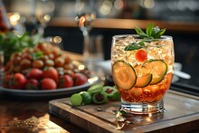 a glass of liquid with cucumbers and ice on a table