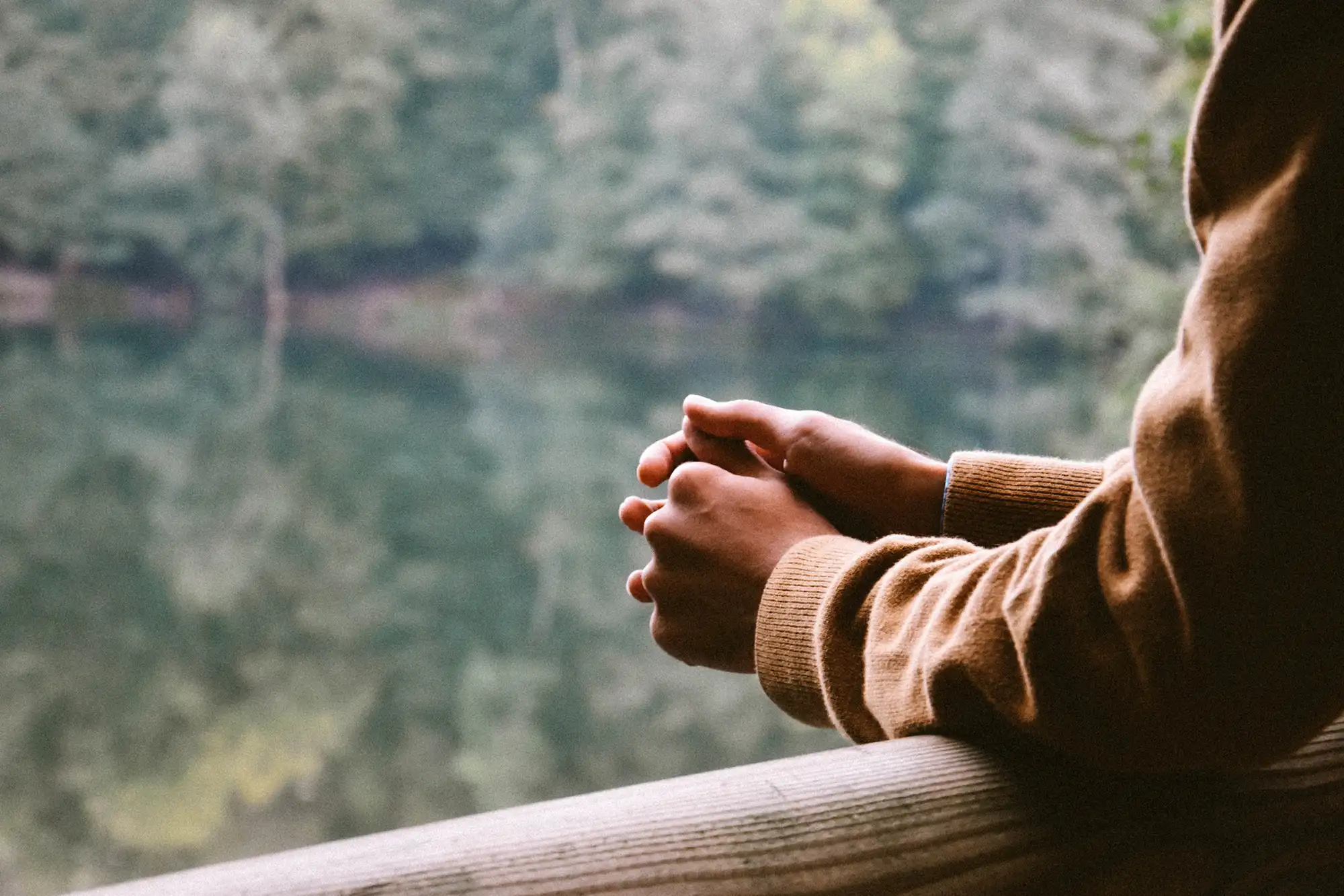 a person's hands folded over a railing overlooking a forest