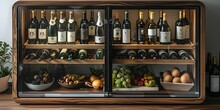 a glass door with bottles of wine and fruits