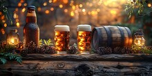 a group of glasses of beer and a barrel