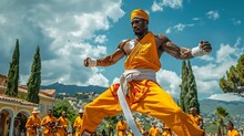 a man in yellow outfit with white belt and white belt