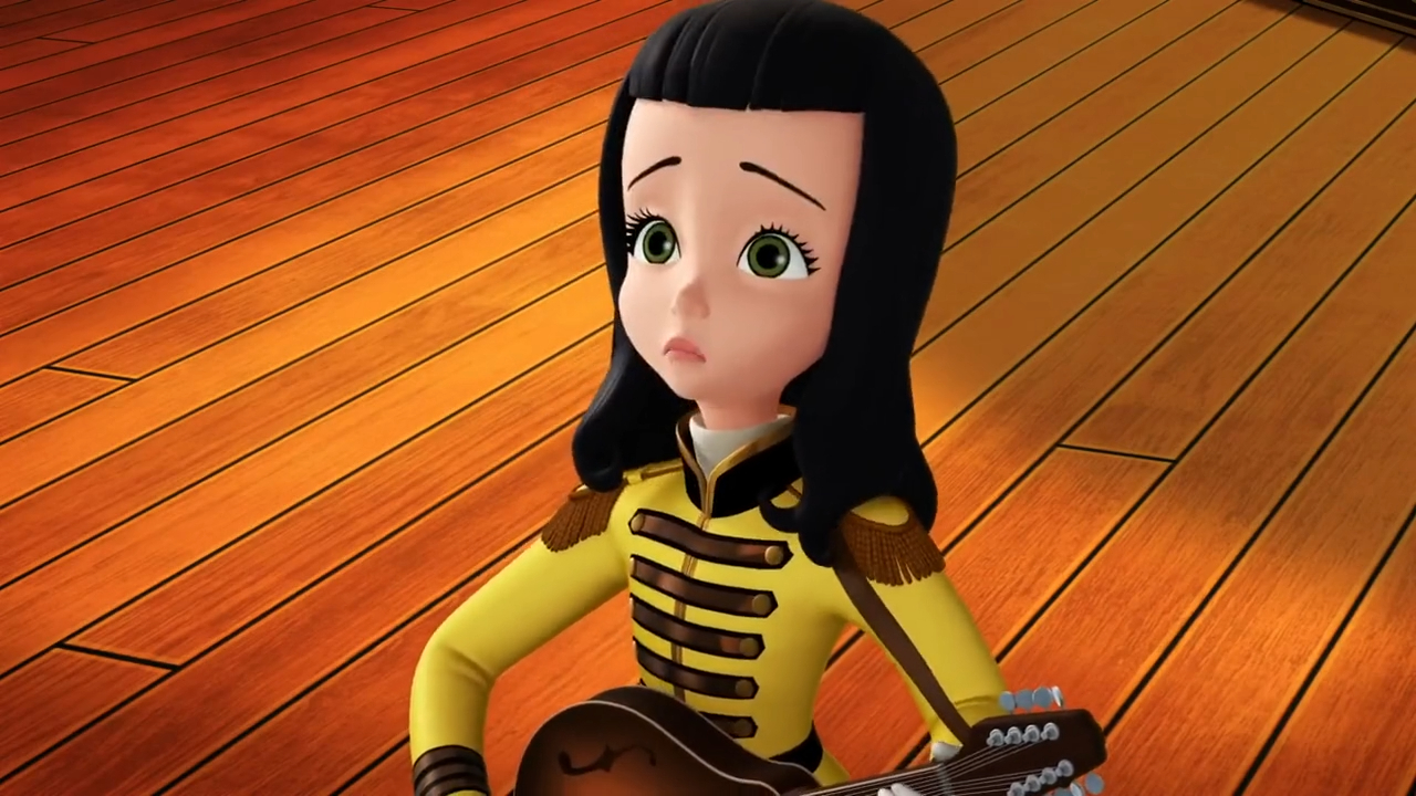 cartoon girl in a uniform holding a guitar