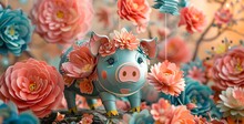 a blue pig with flowers