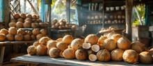 a pile of coconuts on a table