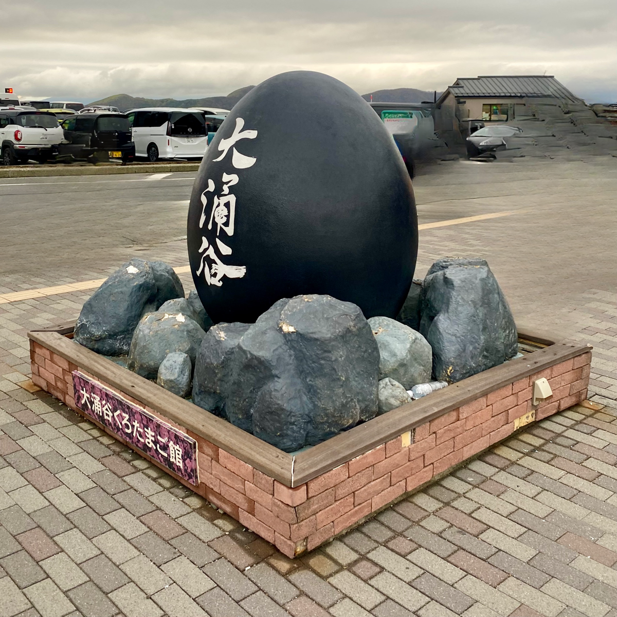 a large black egg with white writing on it surrounded by rocks
