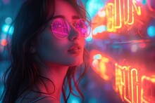 a woman in sunglasses looking at neon signs