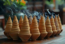 a group of incense burners with smoke coming out of them