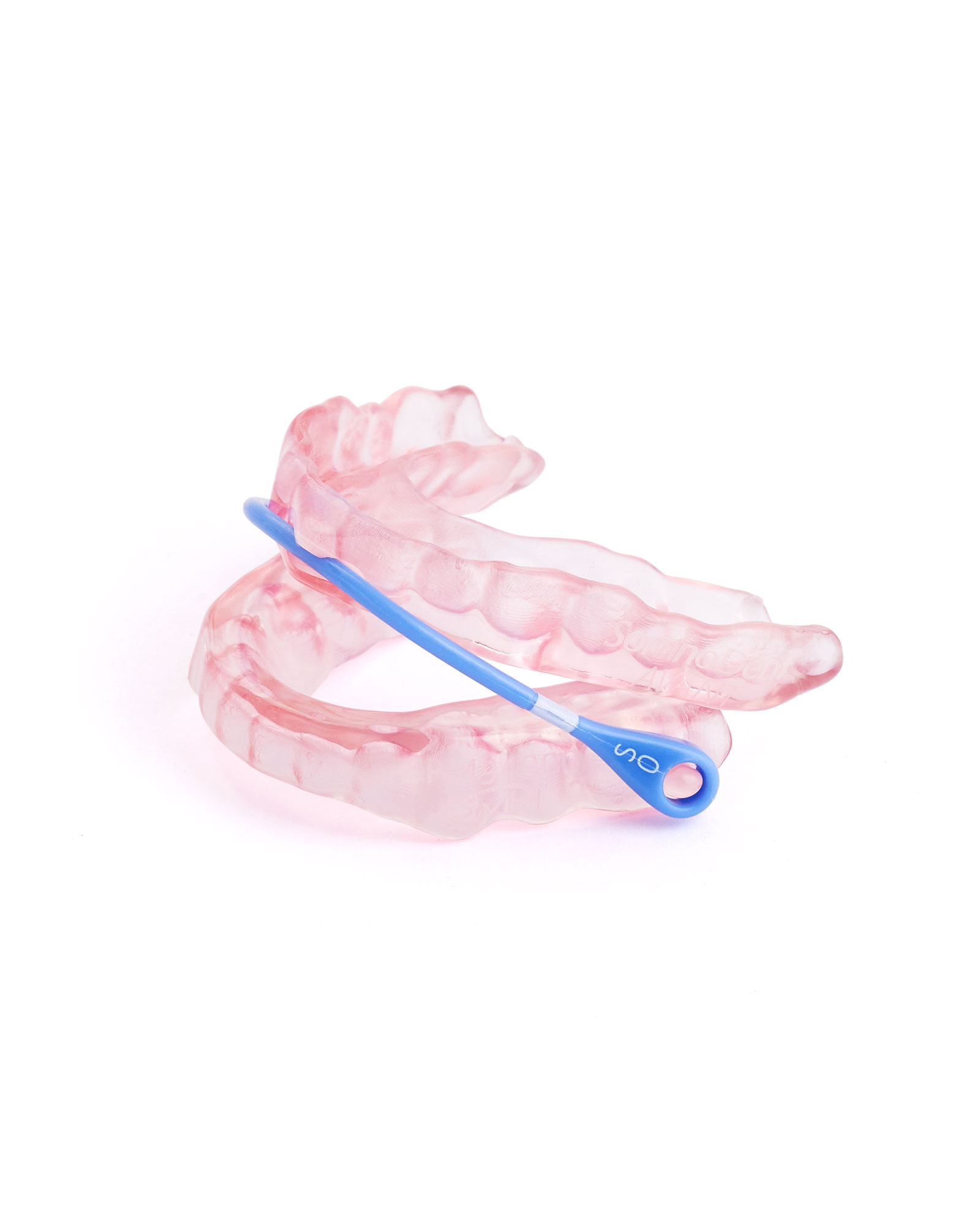 a clear plastic retainer with a blue handle
