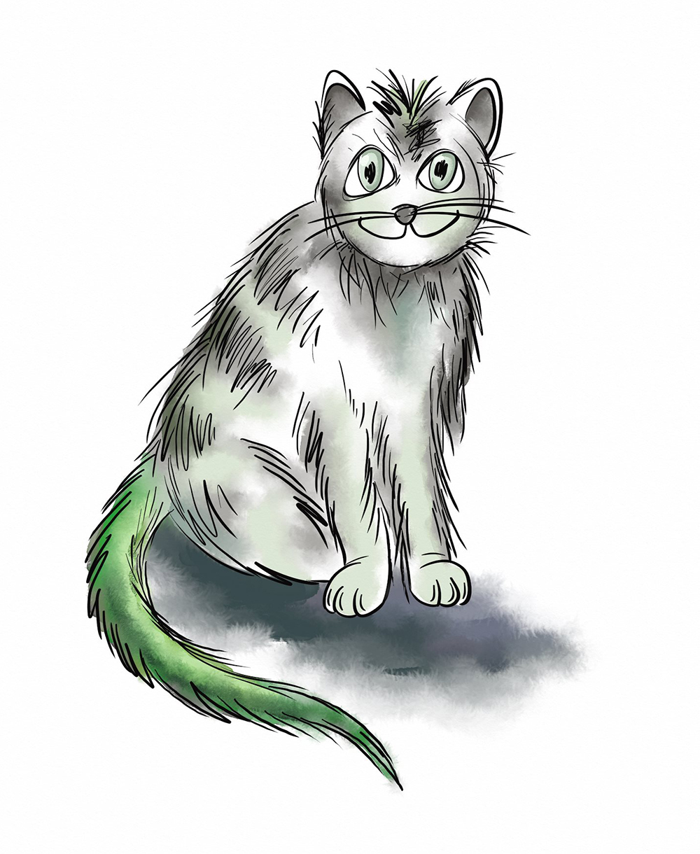 a cat with a green tail