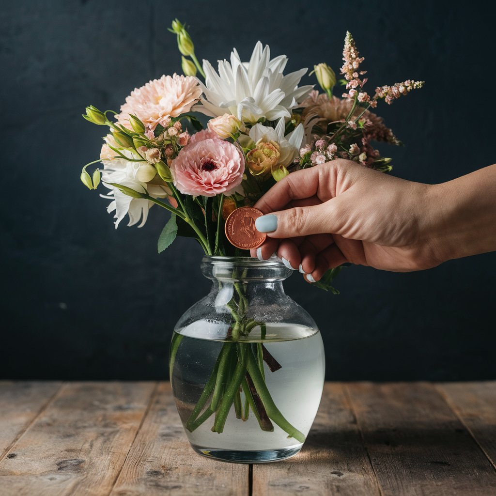 a hand putting a coin into a vase of flowers