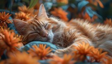 a cat sleeping on a pillow