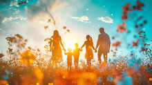 a group of people holding hands in a field of flowers