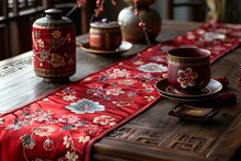 a table with a red table runner and cups