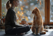 a woman sitting in yoga pose with a cat