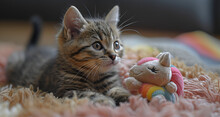 a cat lying on a rug next to a stuffed animal