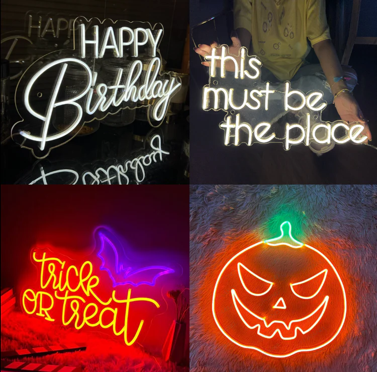 a collage of different neon signs