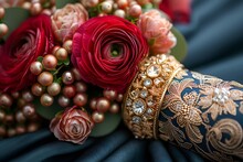 a bouquet of flowers and a bracelet