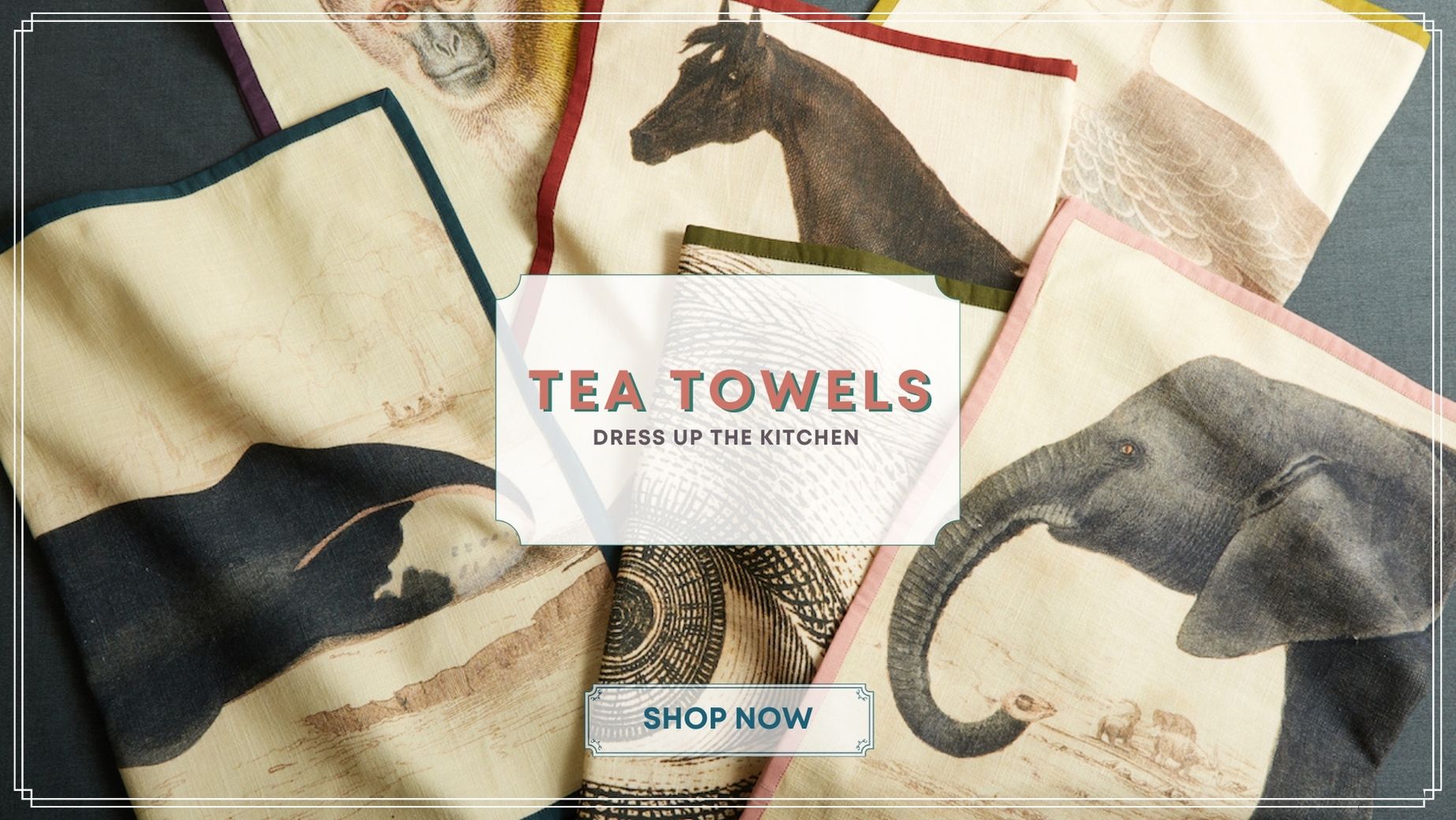 a group of tea towels with animals on them