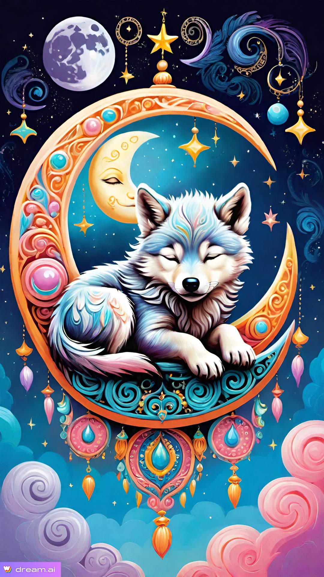 a painting of a wolf on a moon