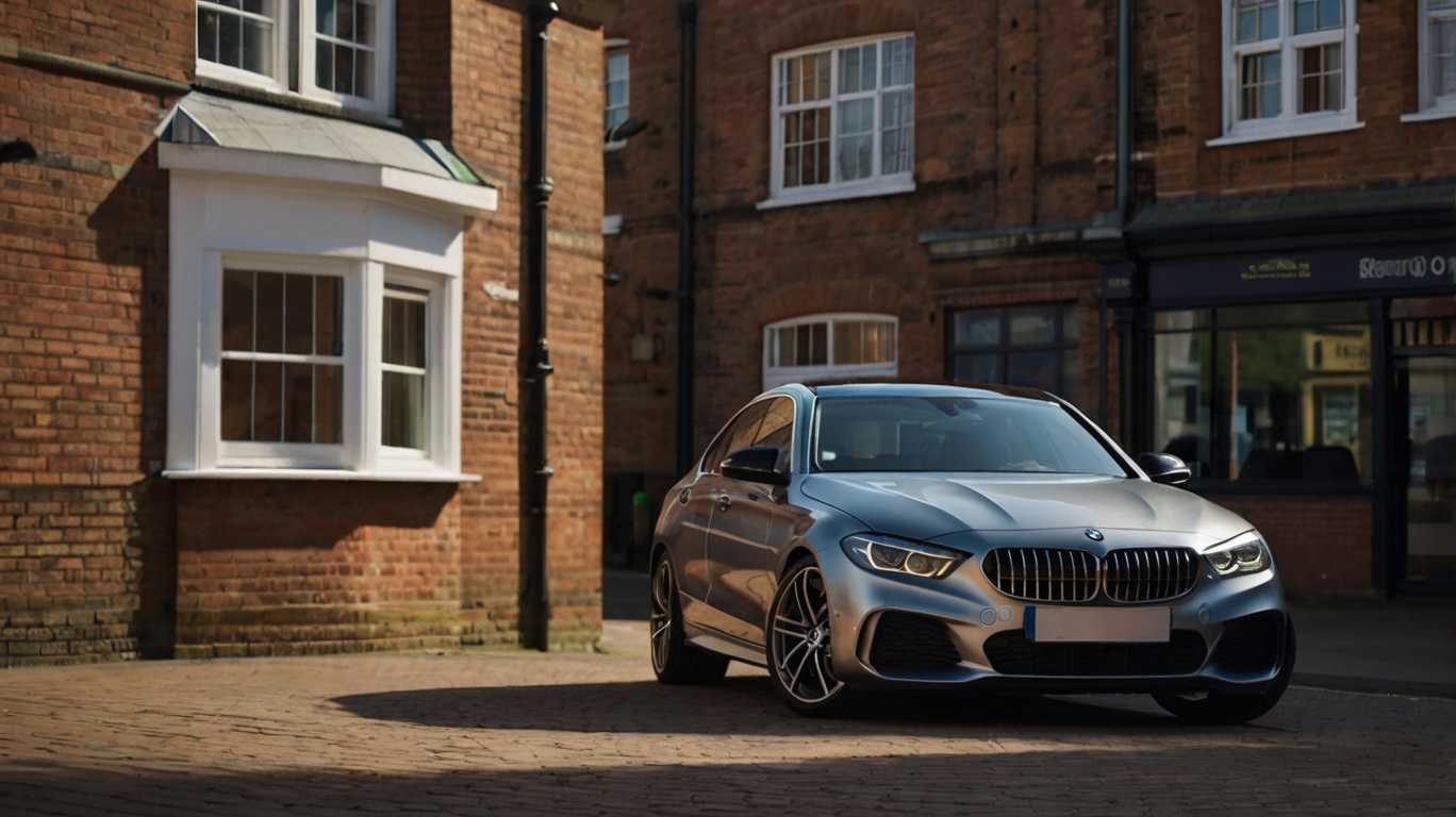 a silver car parked in front of a brick building