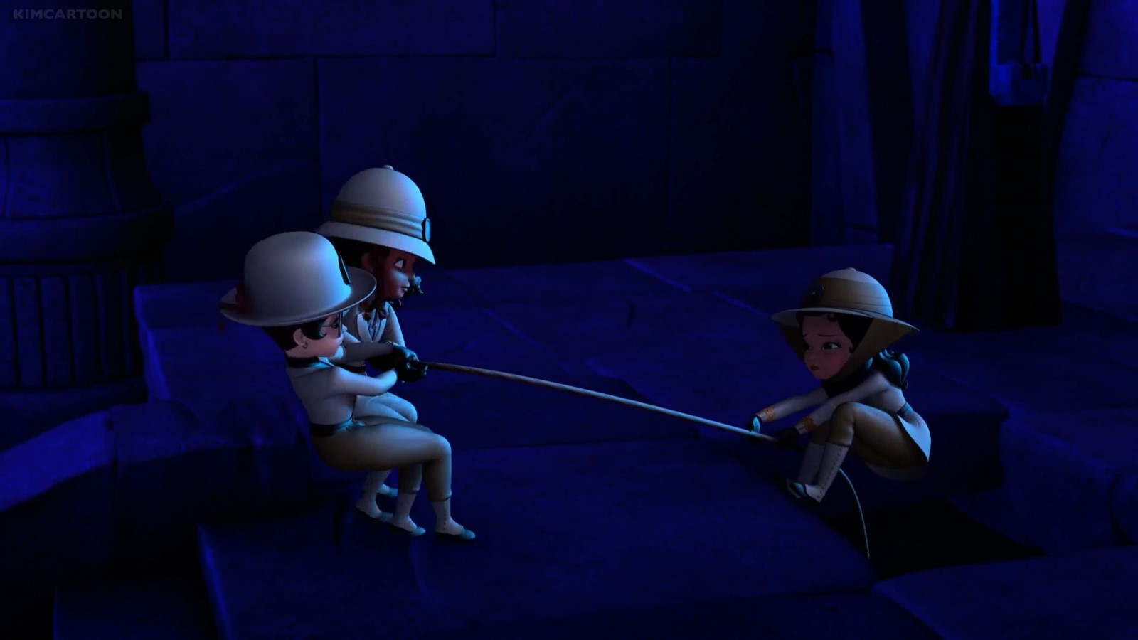 cartoon characters in white hats pulling a rope