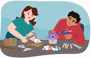 a man and woman making a birdhouse