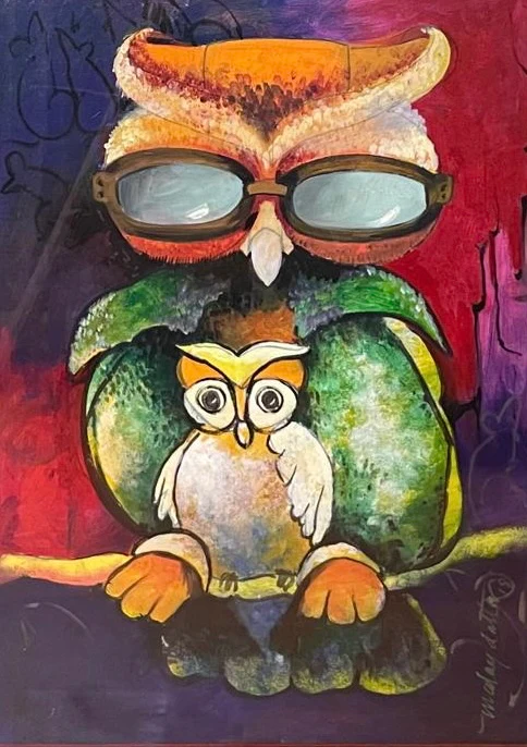 a painting of an owl and an owl wearing glasses
