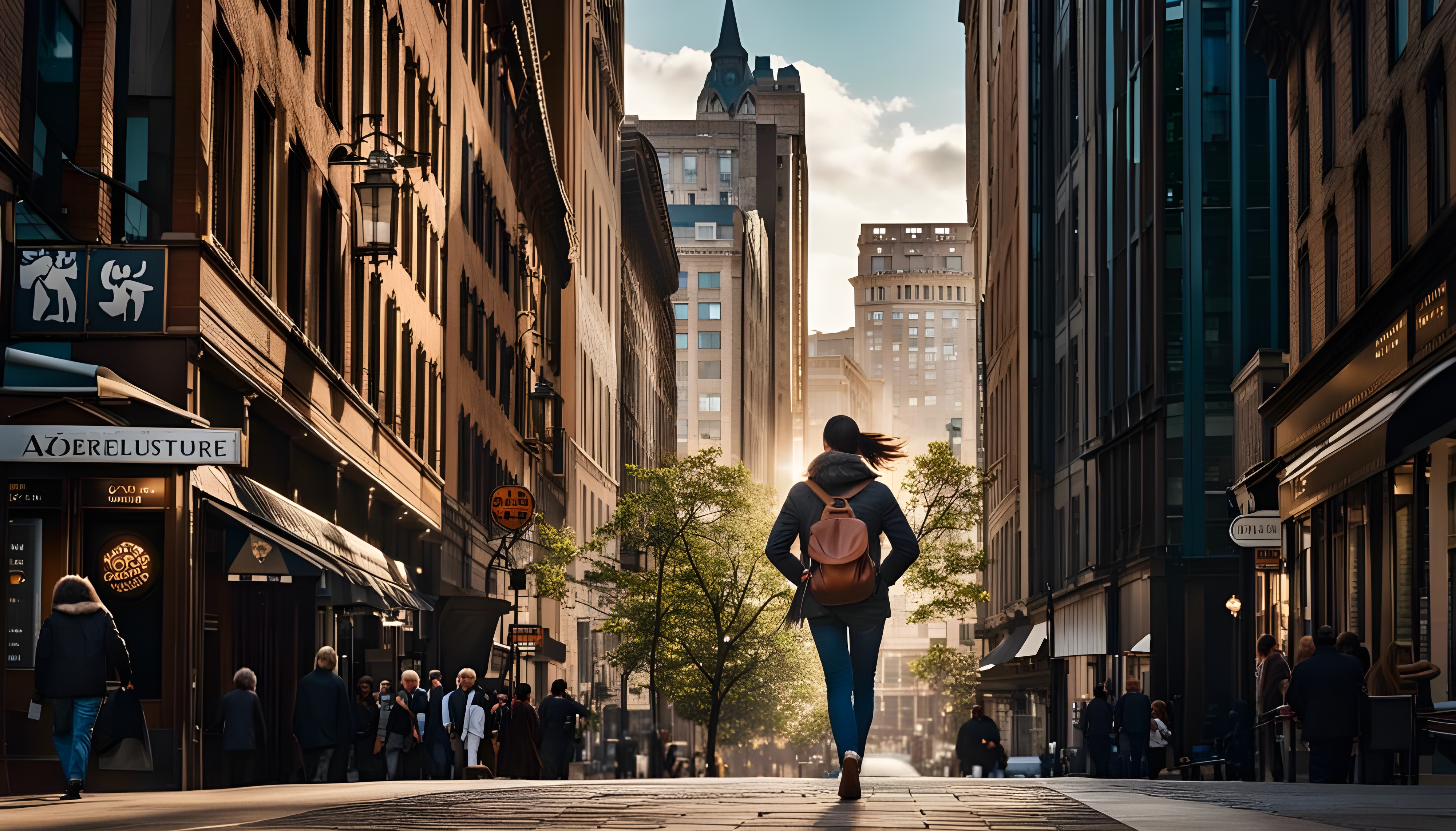 a woman walking down a street with buildings in the background