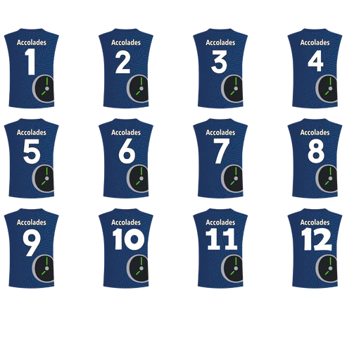 a group of blue shirts with numbers and a clock