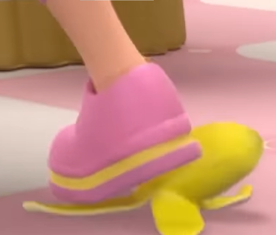a cartoon character wearing a pink shoe