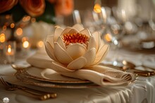 a napkin folded into a flower on a plate