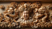 a carved wood carving of a man with a dragon and flowers